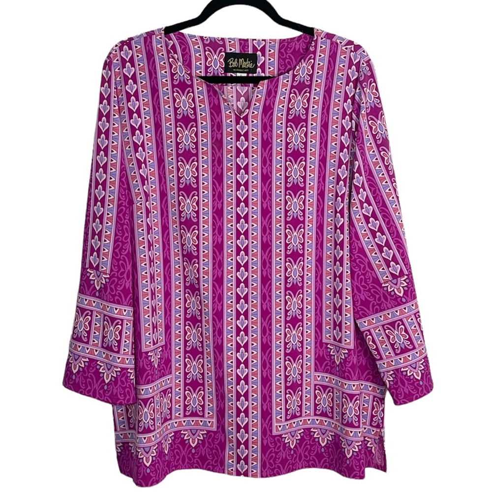 Bob Mackie Wearable Art Purple Patterned 3/4 Sleeve Boho Tunic Blouse